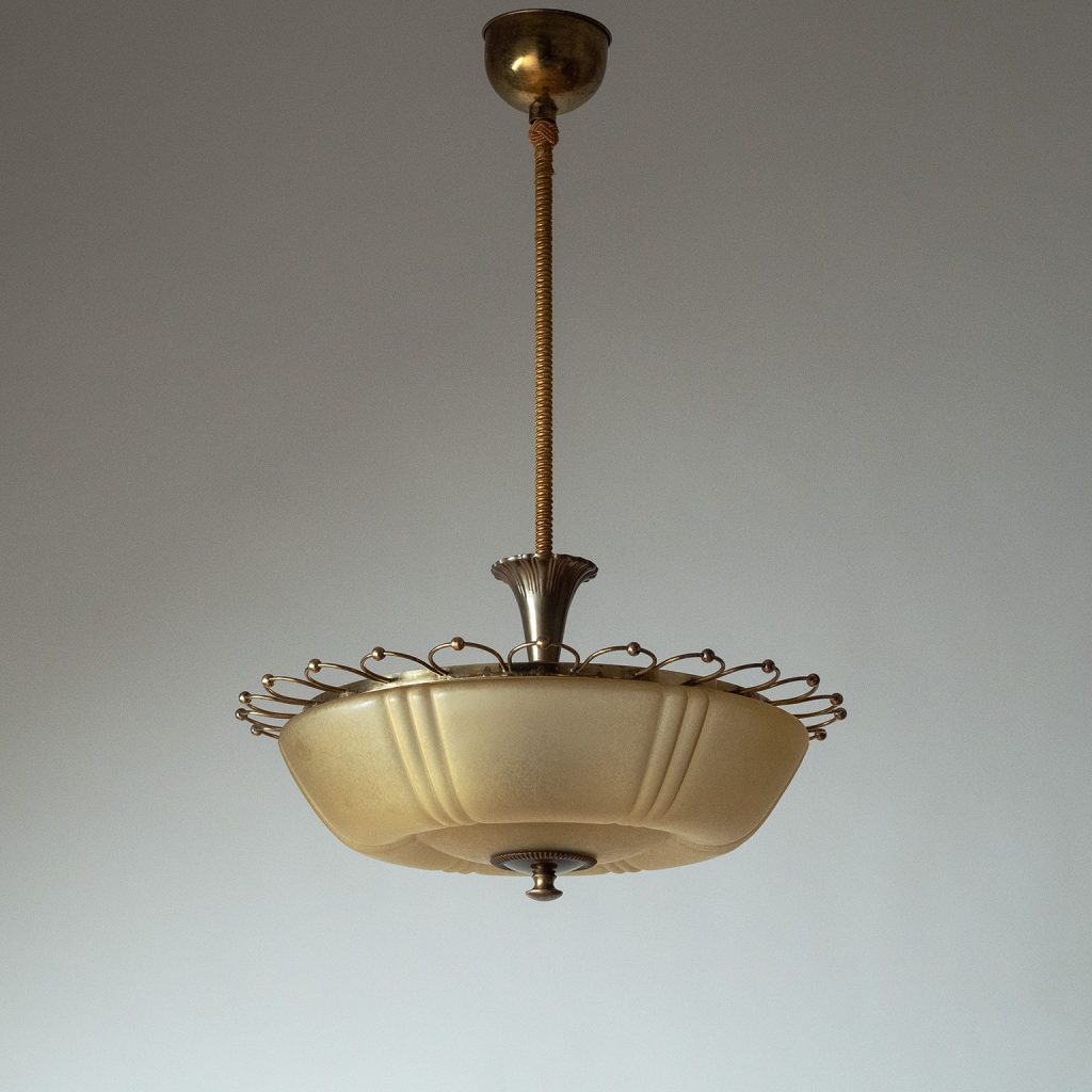 Swedish Art Deco Brass And Glass Chandelier, circa 1940