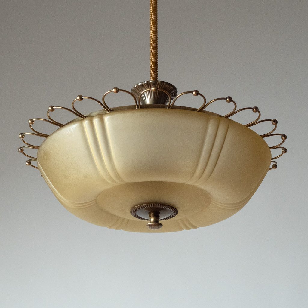 Swedish Art Deco Brass And Glass Chandelier, circa 1940