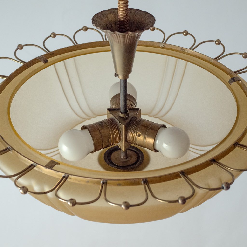 Swedish Art Deco Brass And Glass Chandelier, circa 1940