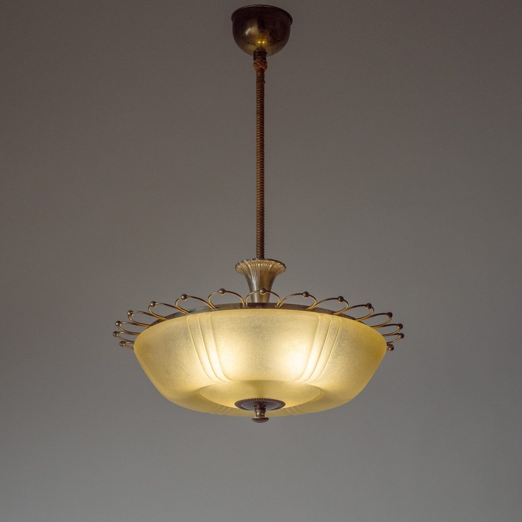 Swedish Art Deco Brass And Glass Chandelier, circa 1940