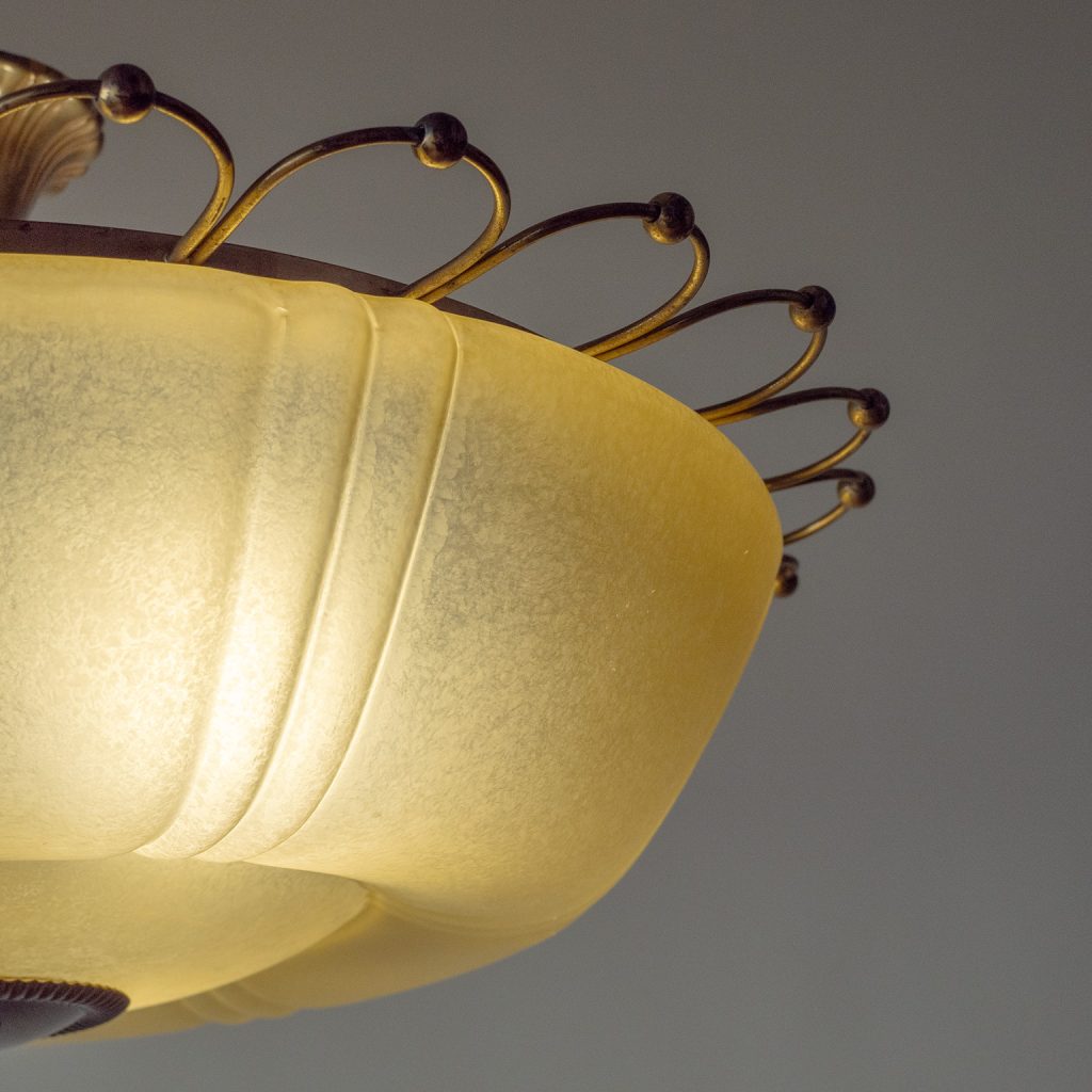 Swedish Art Deco Brass And Glass Chandelier, circa 1940