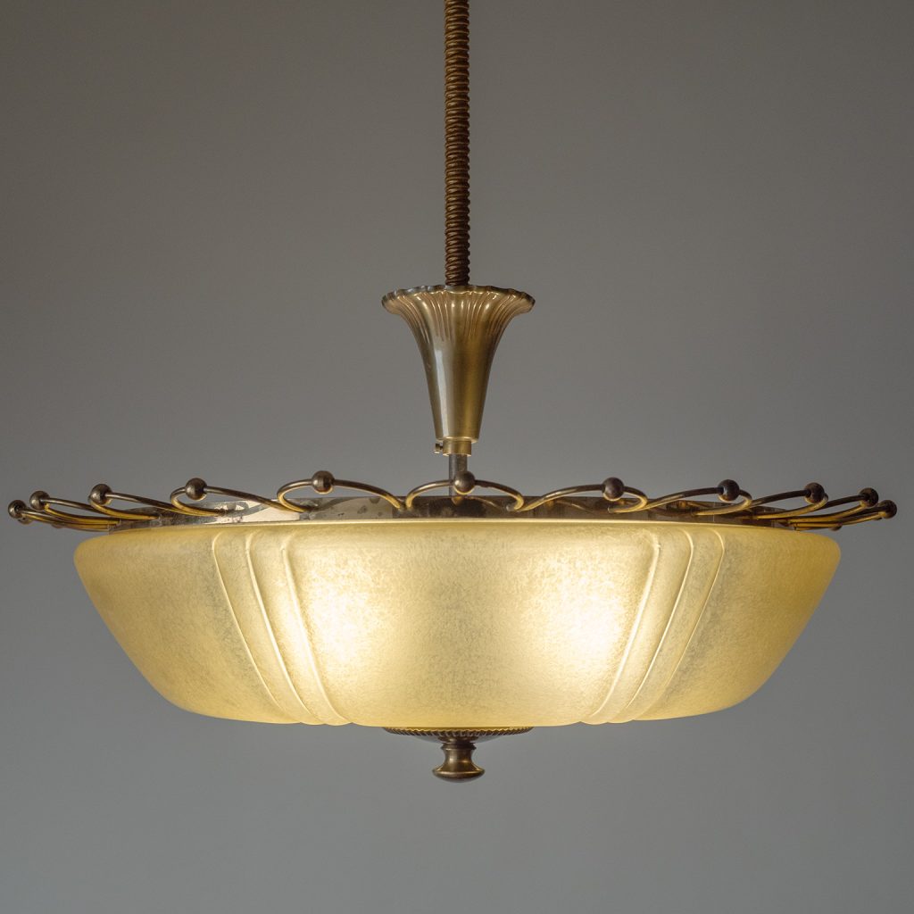 Swedish Art Deco Brass And Glass Chandelier, circa 1940