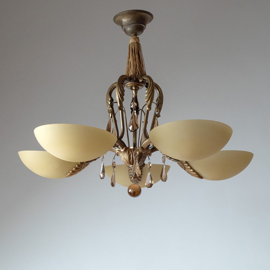 Swedish Grace Brass And Glass Chandelier, 1930s