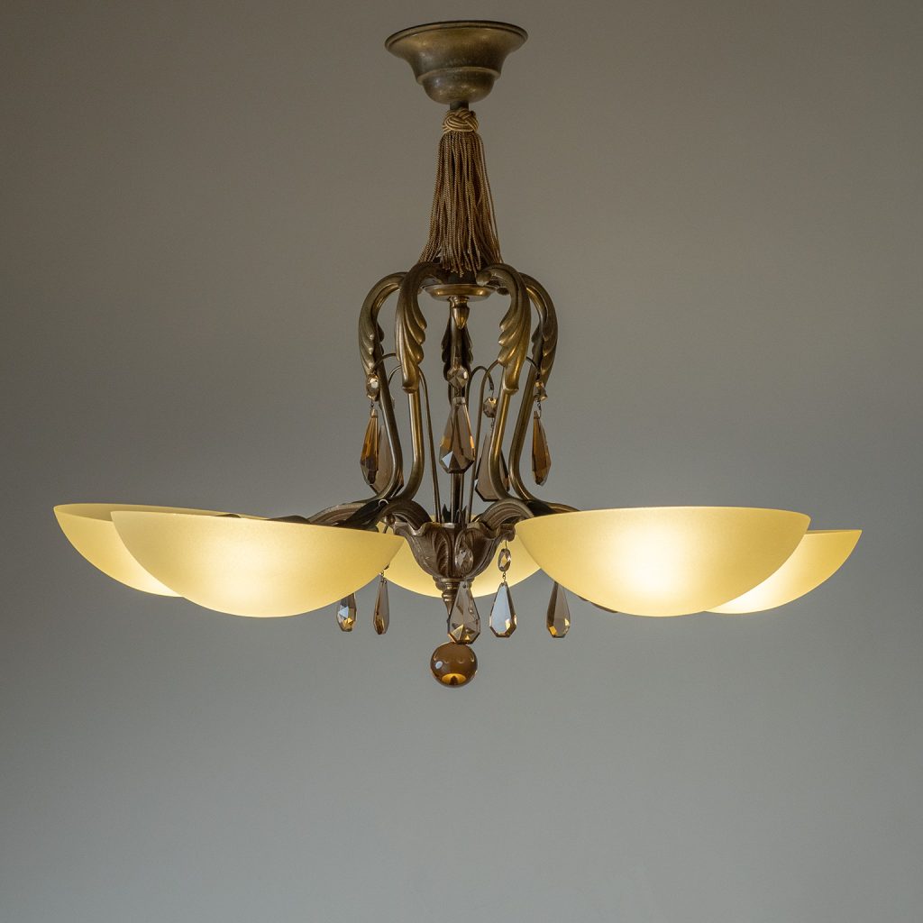 Swedish Grace Brass And Glass Chandelier, 1930s