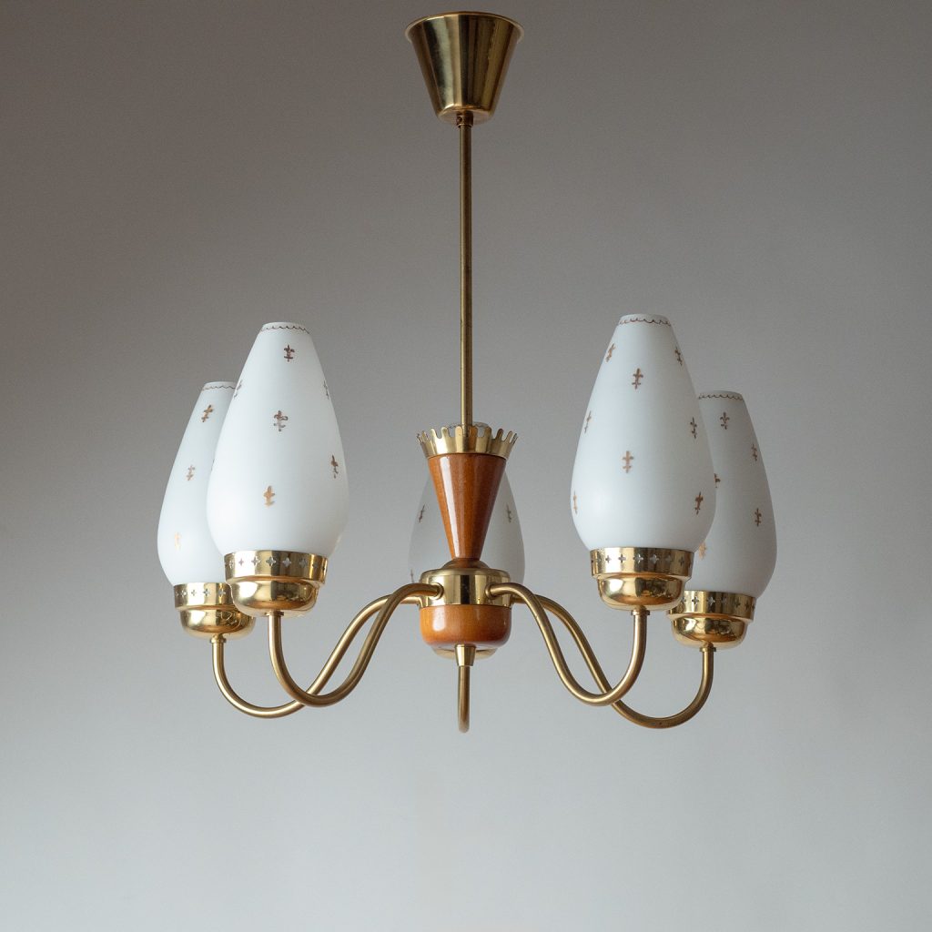 Swedish Painted Glass And Brass Chandelier, circa 1950