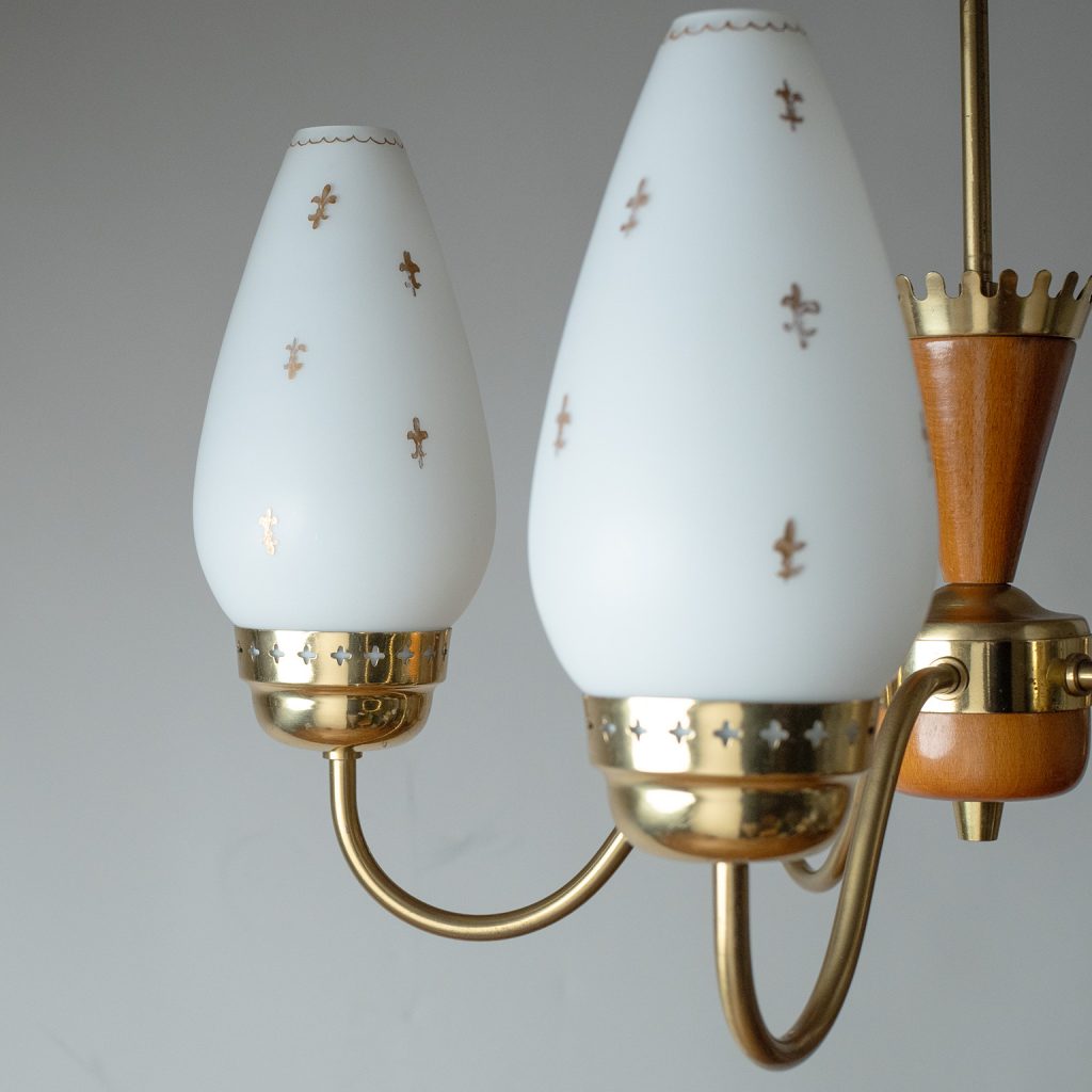 Swedish Painted Glass And Brass Chandelier, circa 1950