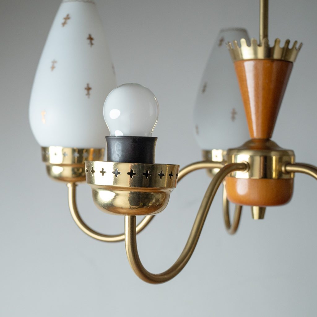 Swedish Painted Glass And Brass Chandelier, circa 1950