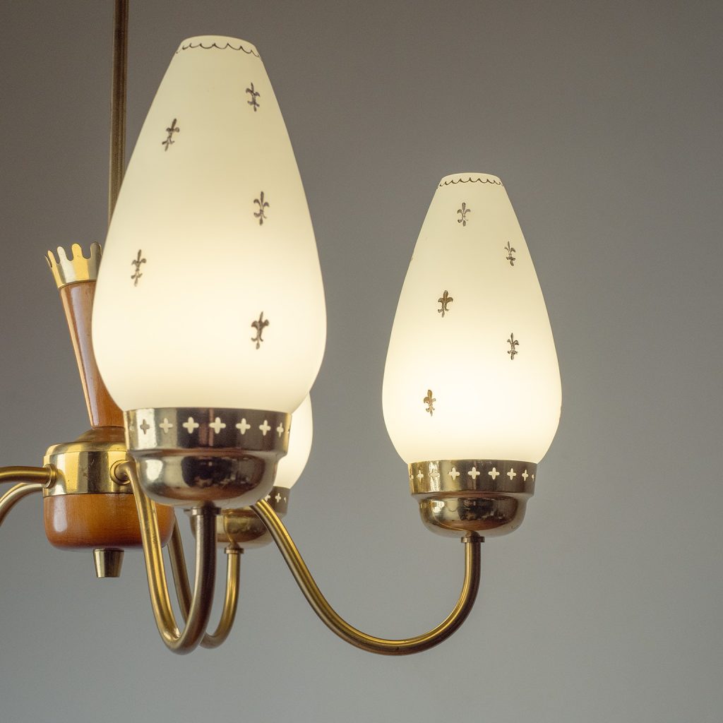 Swedish Painted Glass And Brass Chandelier, circa 1950