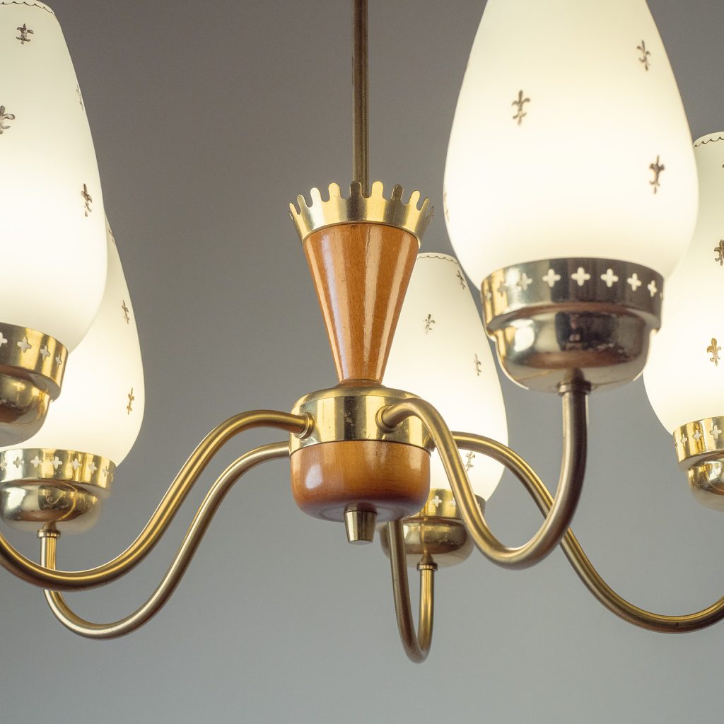 Swedish Painted Glass And Brass Chandelier, circa 1950