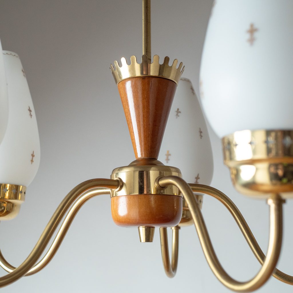 Swedish Painted Glass And Brass Chandelier, circa 1950