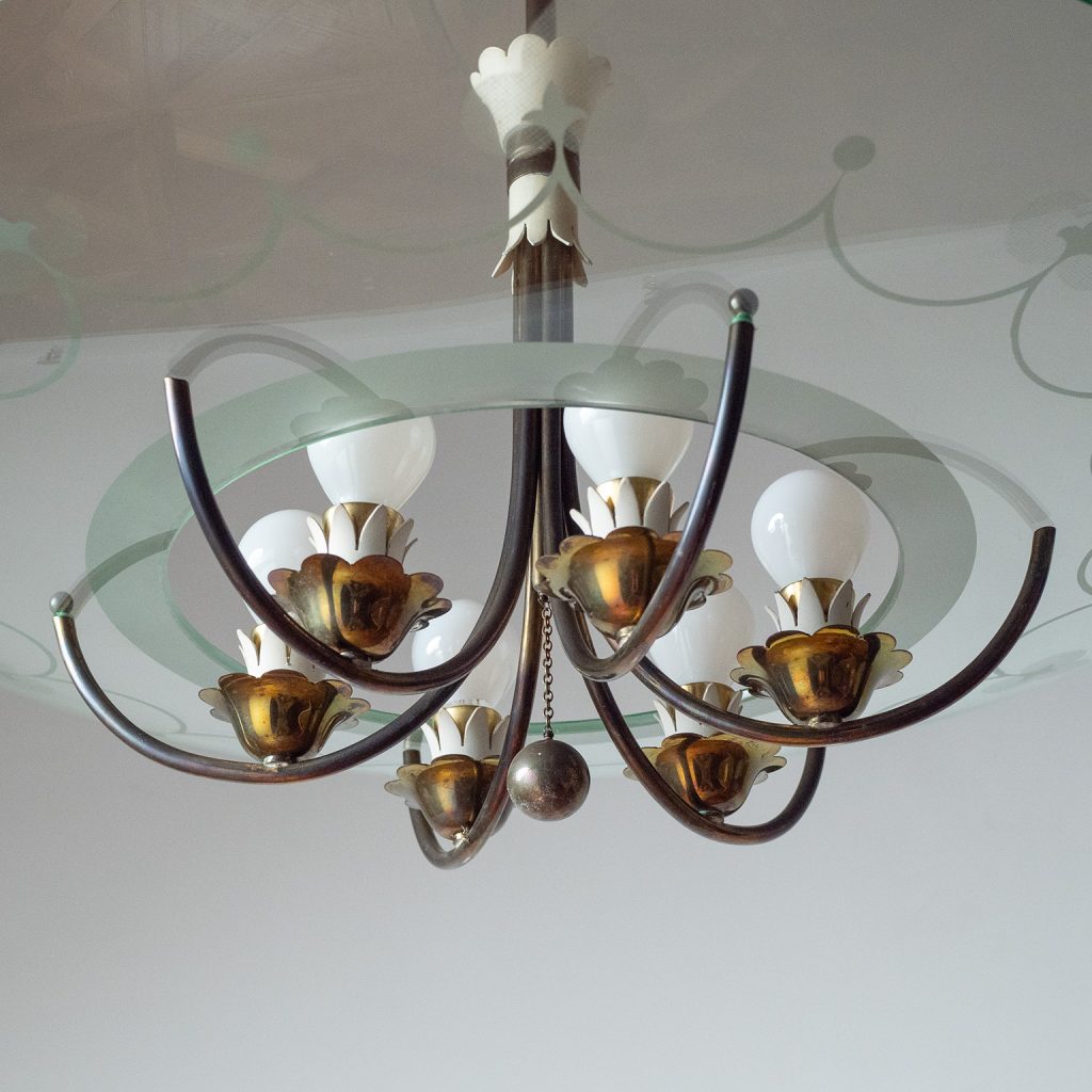 Italian Brass And Etched Glass Chandelier, 1940s