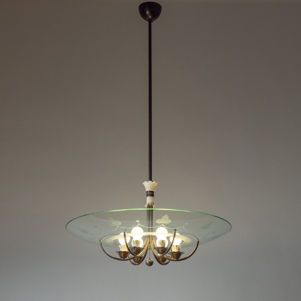 Italian Brass And Etched Glass Chandelier, 1940s
