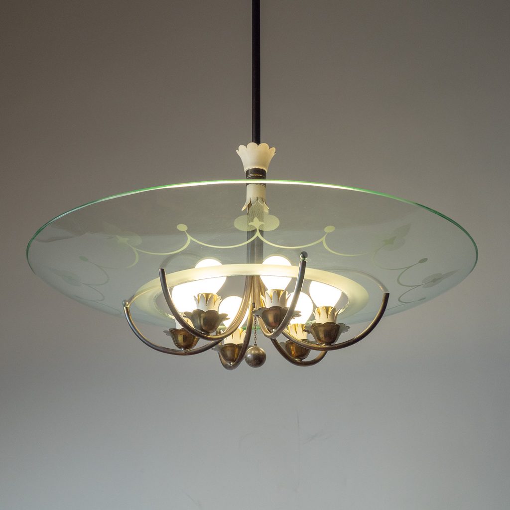 Italian Brass And Etched Glass Chandelier, 1940s