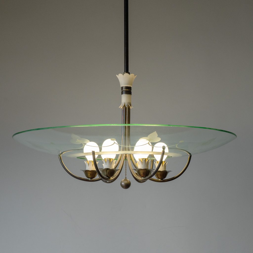 Italian Brass And Etched Glass Chandelier, 1940s