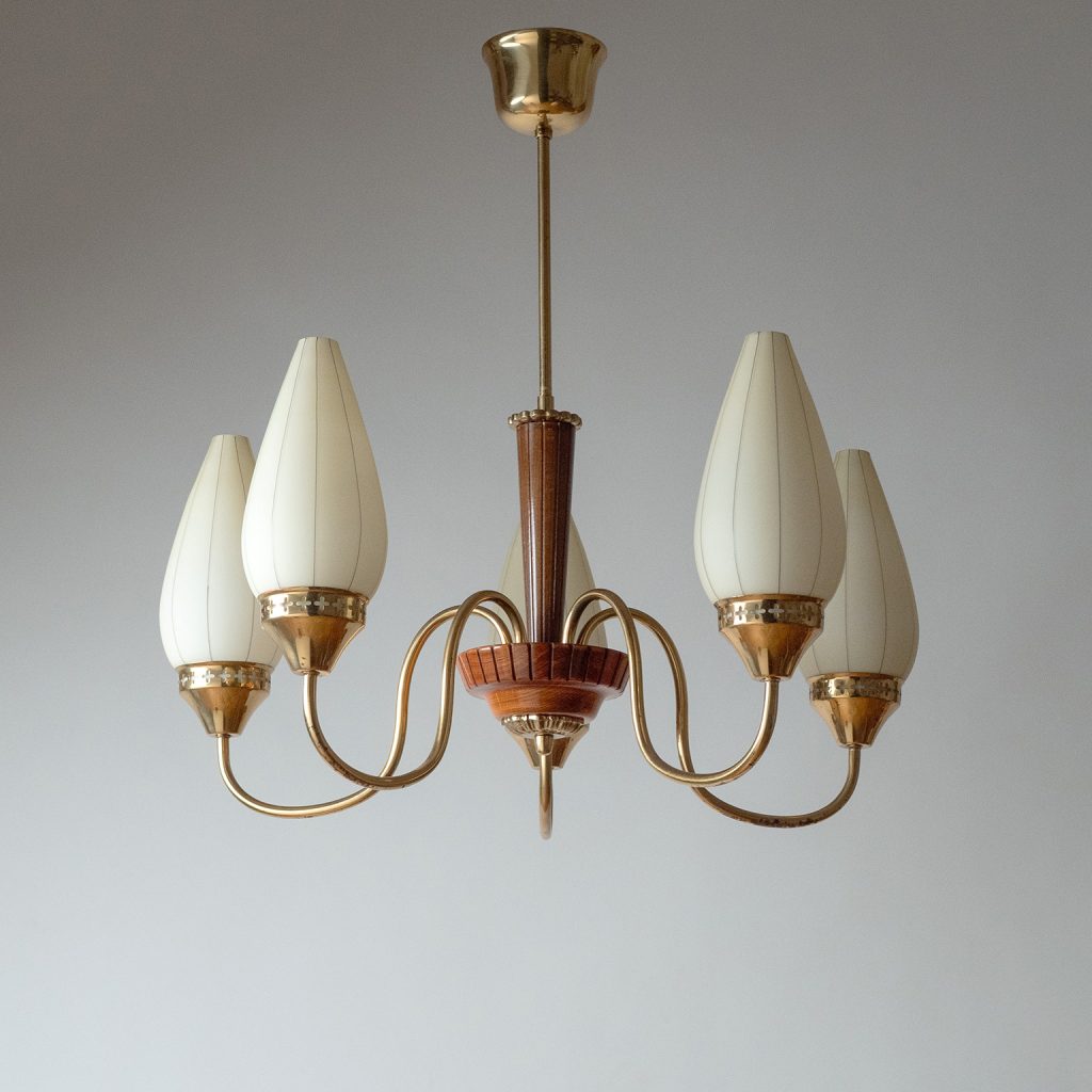 Swedish Brass, Wood And Glass Chandelier, 1950s