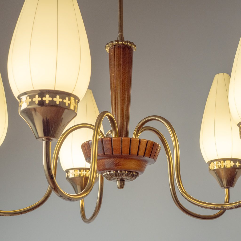 Swedish Brass, Wood And Glass Chandelier, 1950s