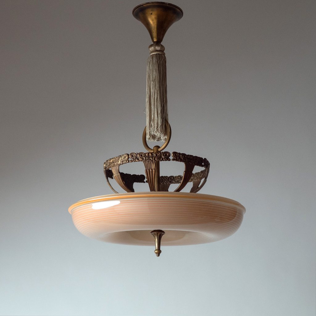 Swedish Grace Brass And Glass Chandelier, 1930s