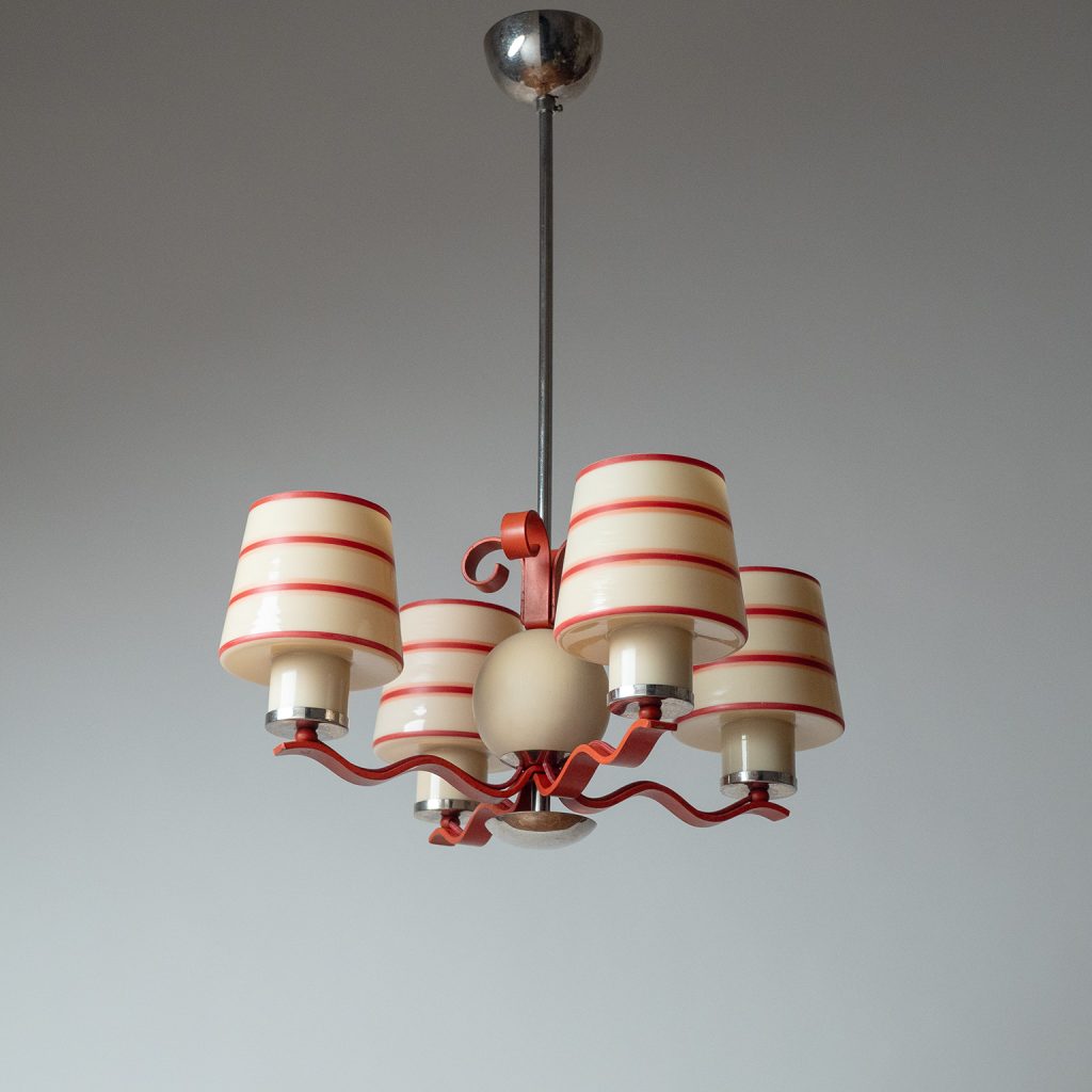 Harald Notini Enameled Glass And Painted Iron Chandelier, 1930s