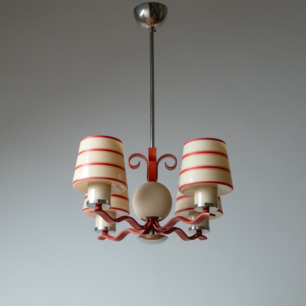 Harald Notini Enameled Glass And Painted Iron Chandelier, 1930s