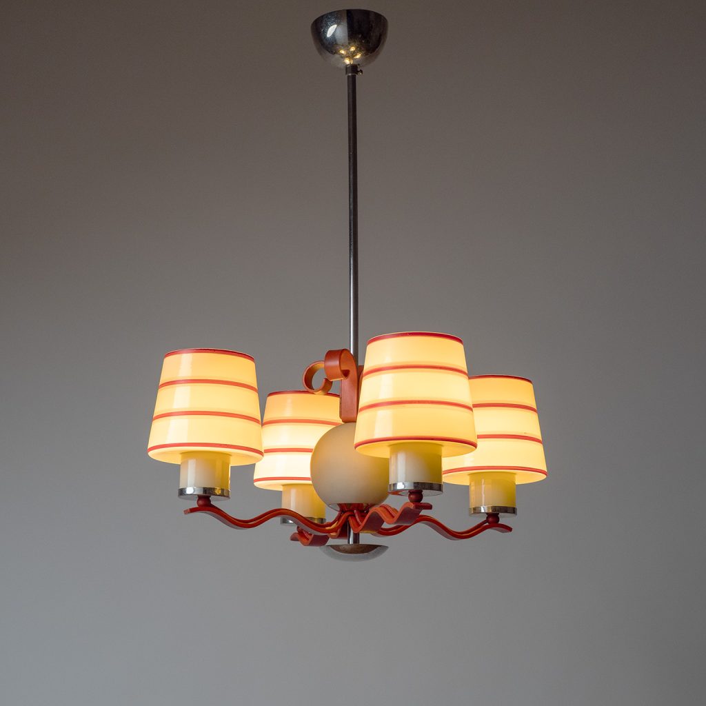 Harald Notini Enameled Glass And Painted Iron Chandelier, 1930s