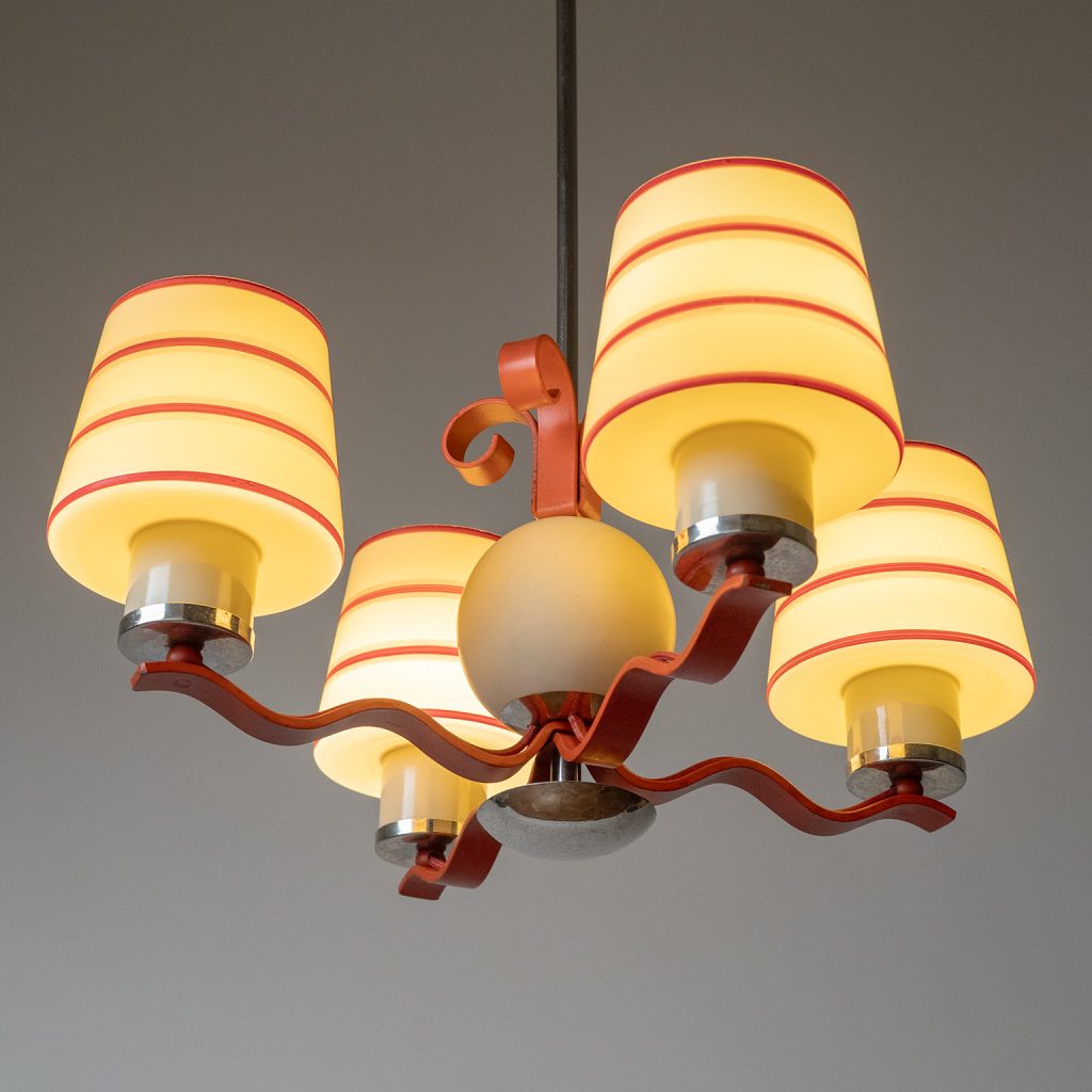 Harald Notini Enameled Glass And Painted Iron Chandelier, 1930s