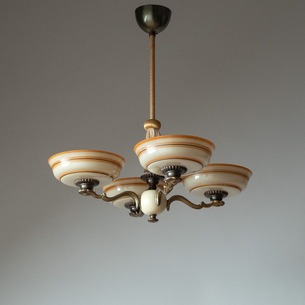 Enameled Glass And Brass Chandelier, 1930s