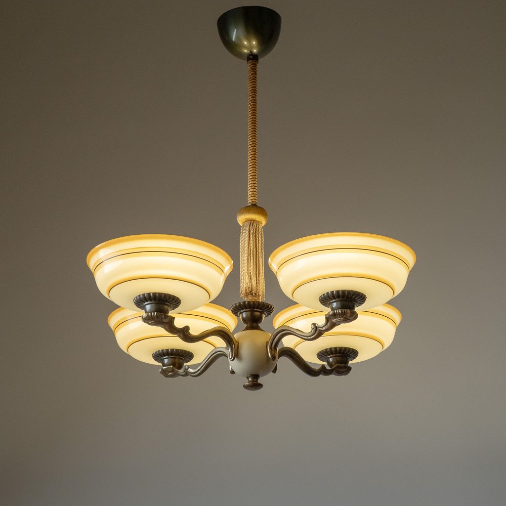 Enameled Glass And Brass Chandelier, 1930s