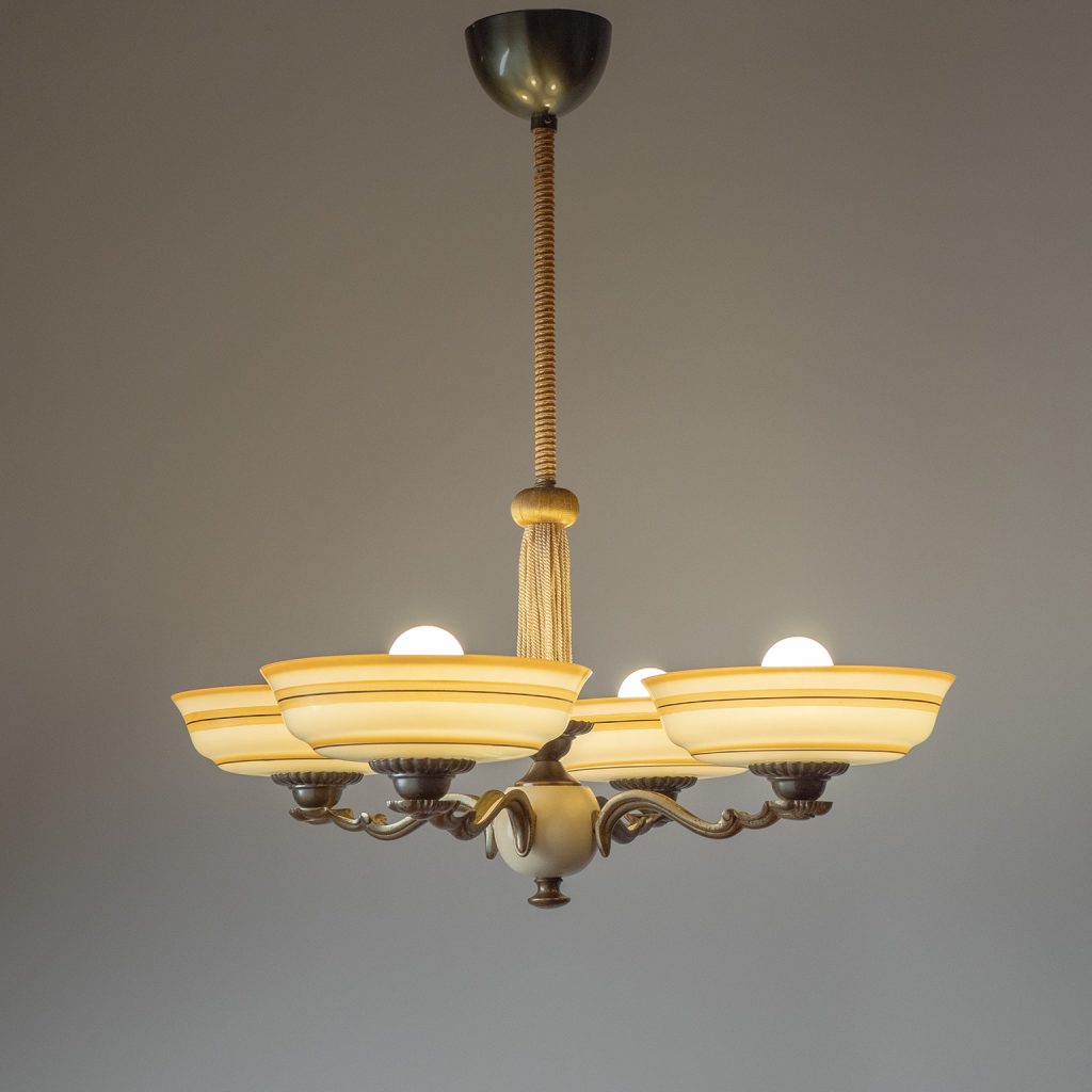 Enameled Glass And Brass Chandelier, 1930s