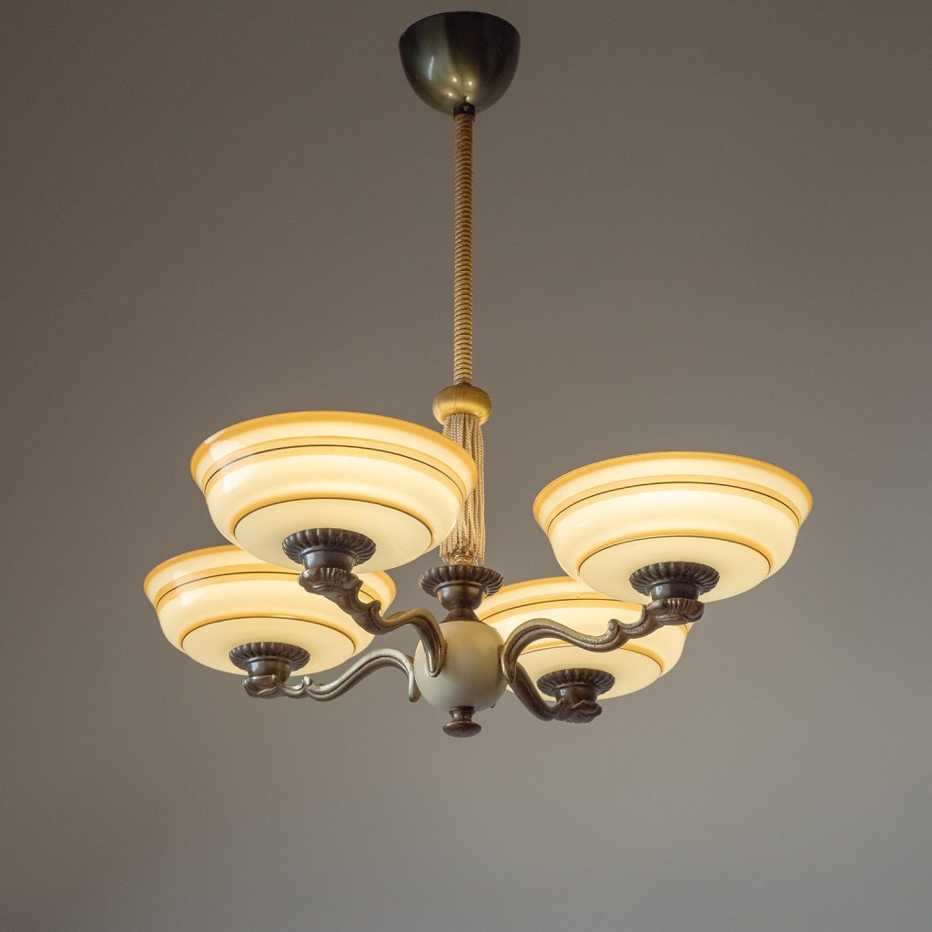 Enameled Glass And Brass Chandelier, 1930s