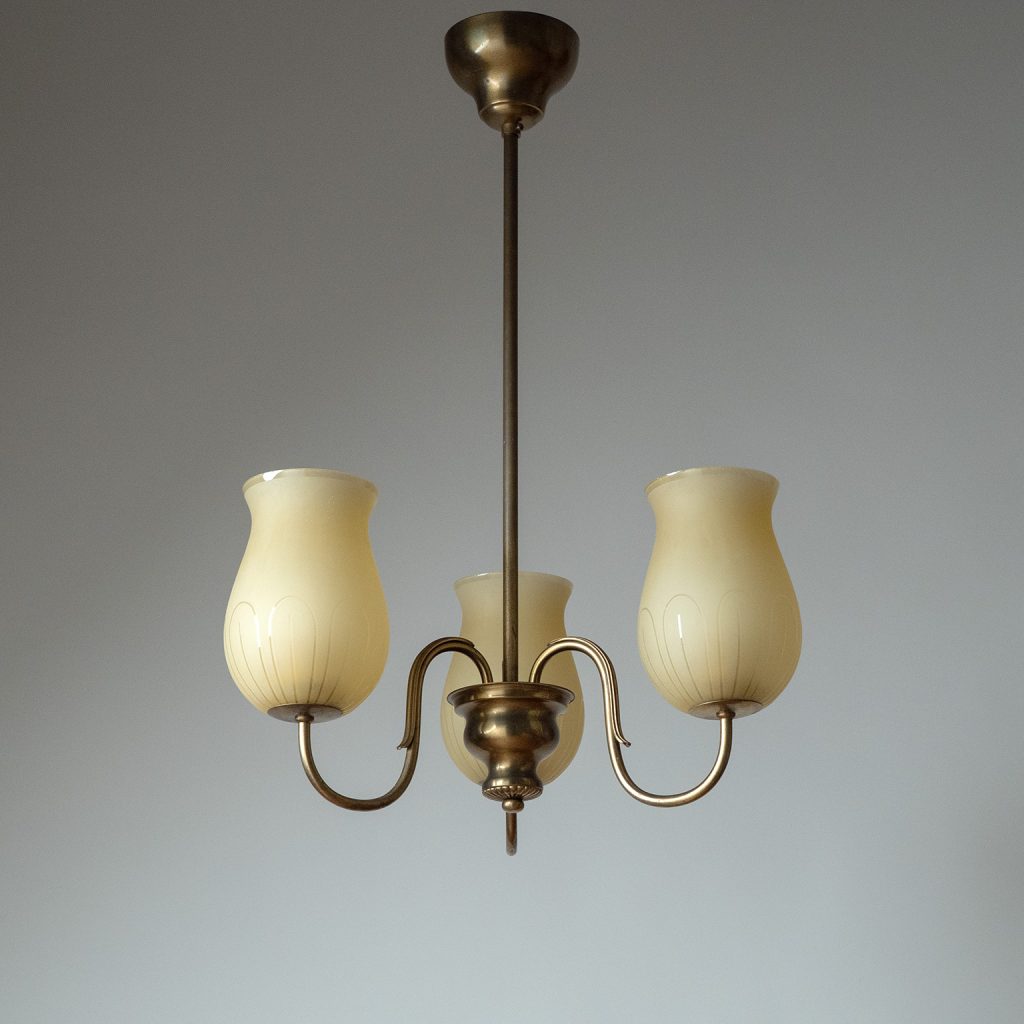 Swedish Brass and Amber Glass Chandelier, circa 1940