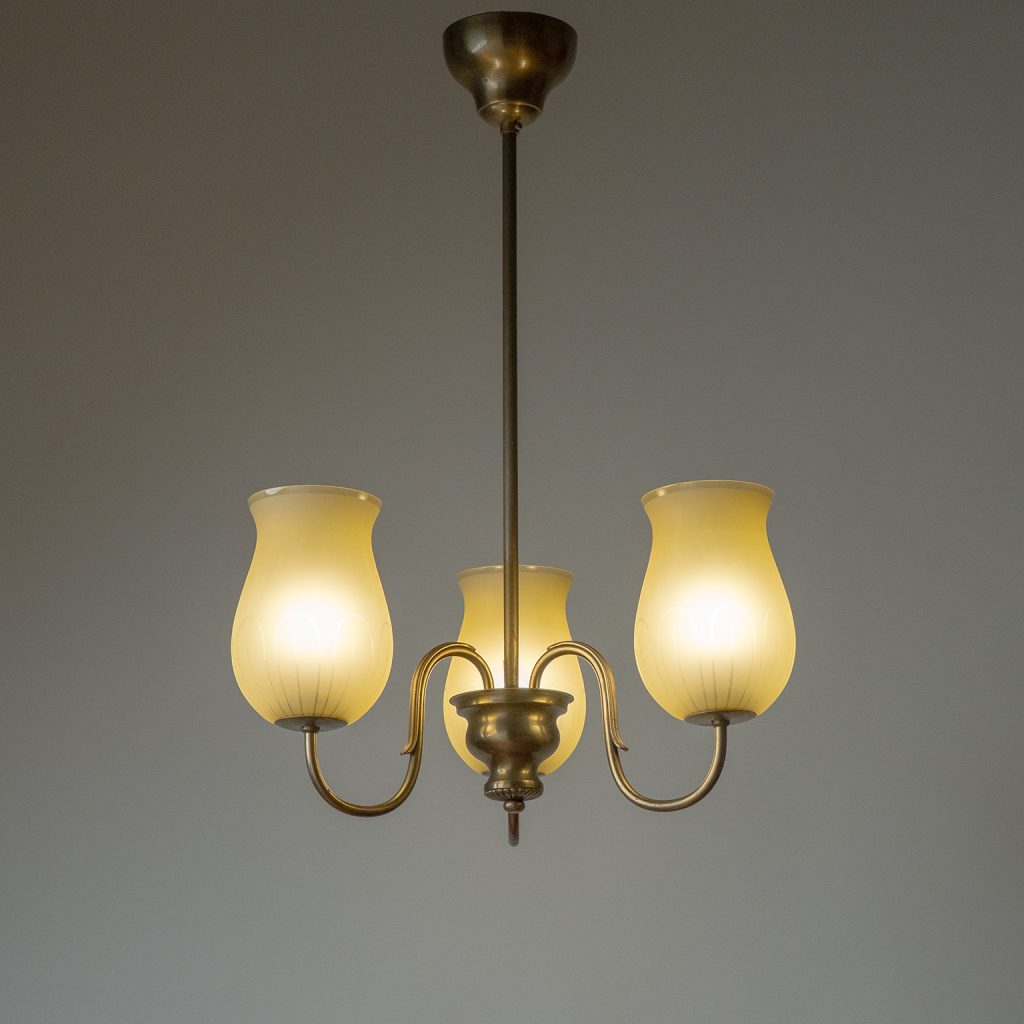 Swedish Brass and Amber Glass Chandelier, circa 1940
