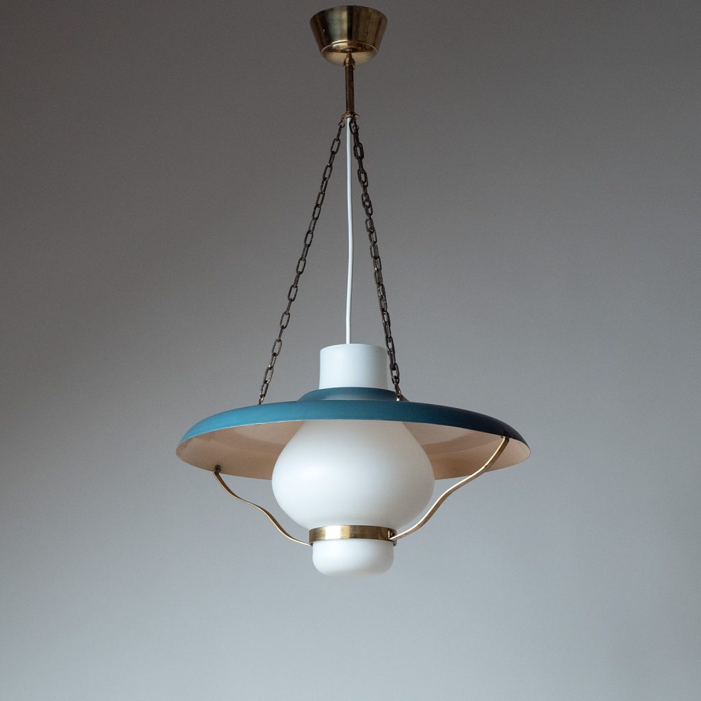 Glass And Brass Lantern with Blue Shade, 1960s