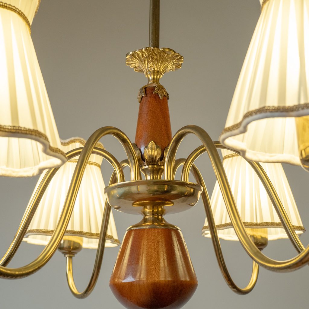 Swedish Brass And Wood Chandelier, circa 1950