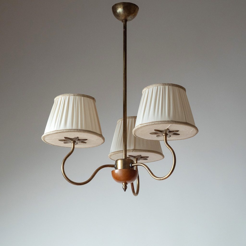 Swedish Three-Arm Brass And Wood Chandelier, 1940s
