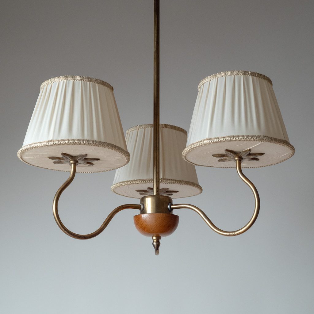 Swedish Three-Arm Brass And Wood Chandelier, 1940s