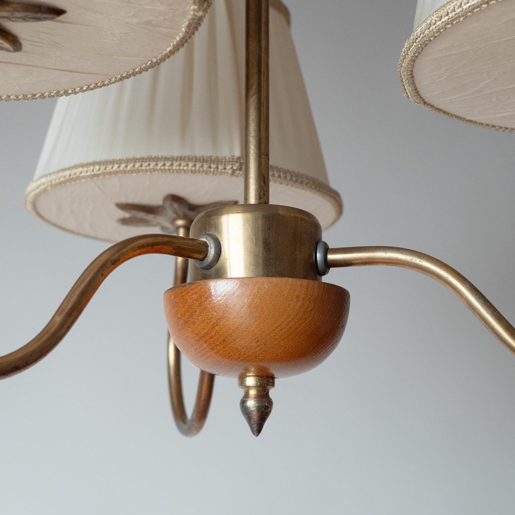 Swedish Three-Arm Brass And Wood Chandelier, 1940s