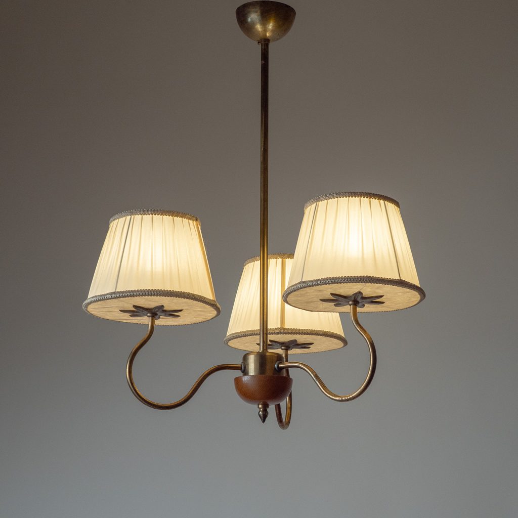 Swedish Three-Arm Brass And Wood Chandelier, 1940s