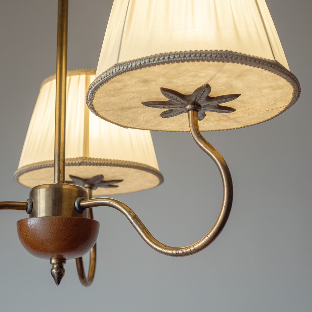 Swedish Three-Arm Brass And Wood Chandelier, 1940s