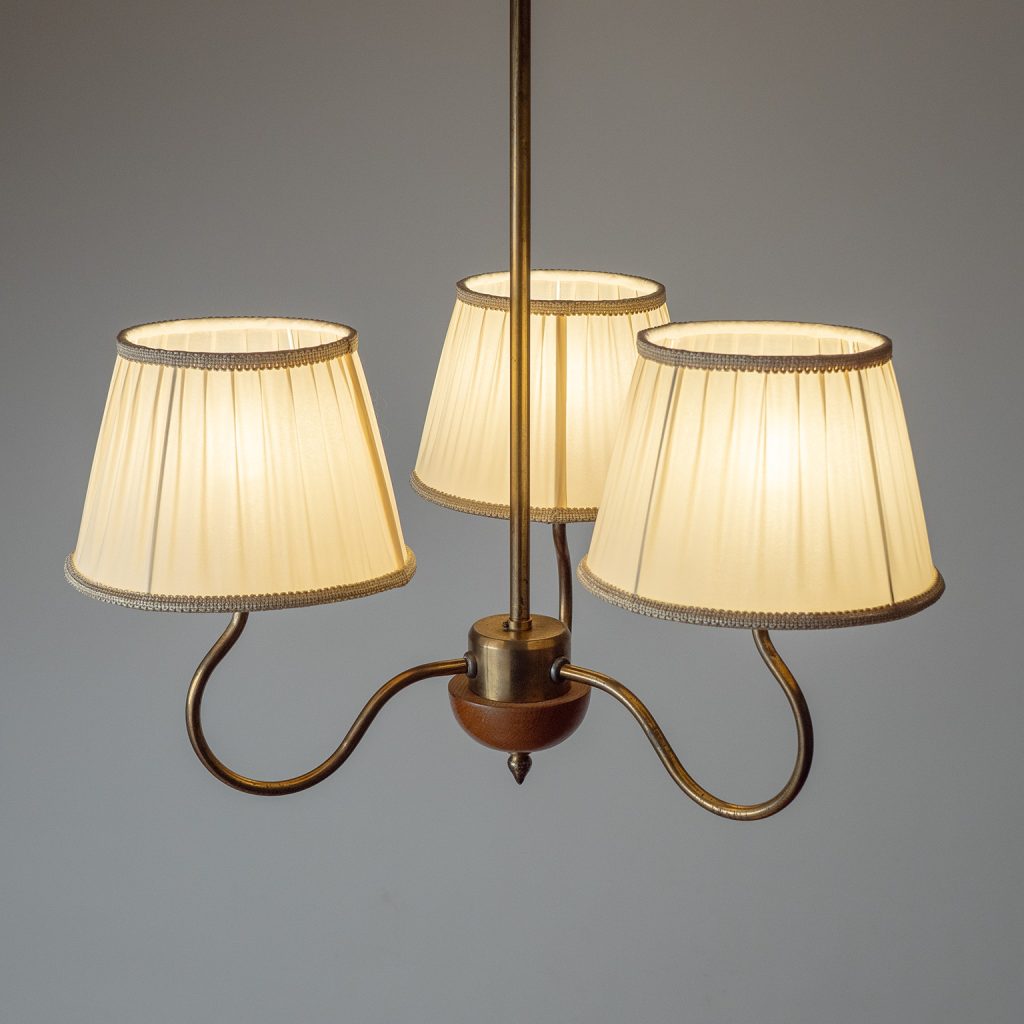 Swedish Three-Arm Brass And Wood Chandelier, 1940s