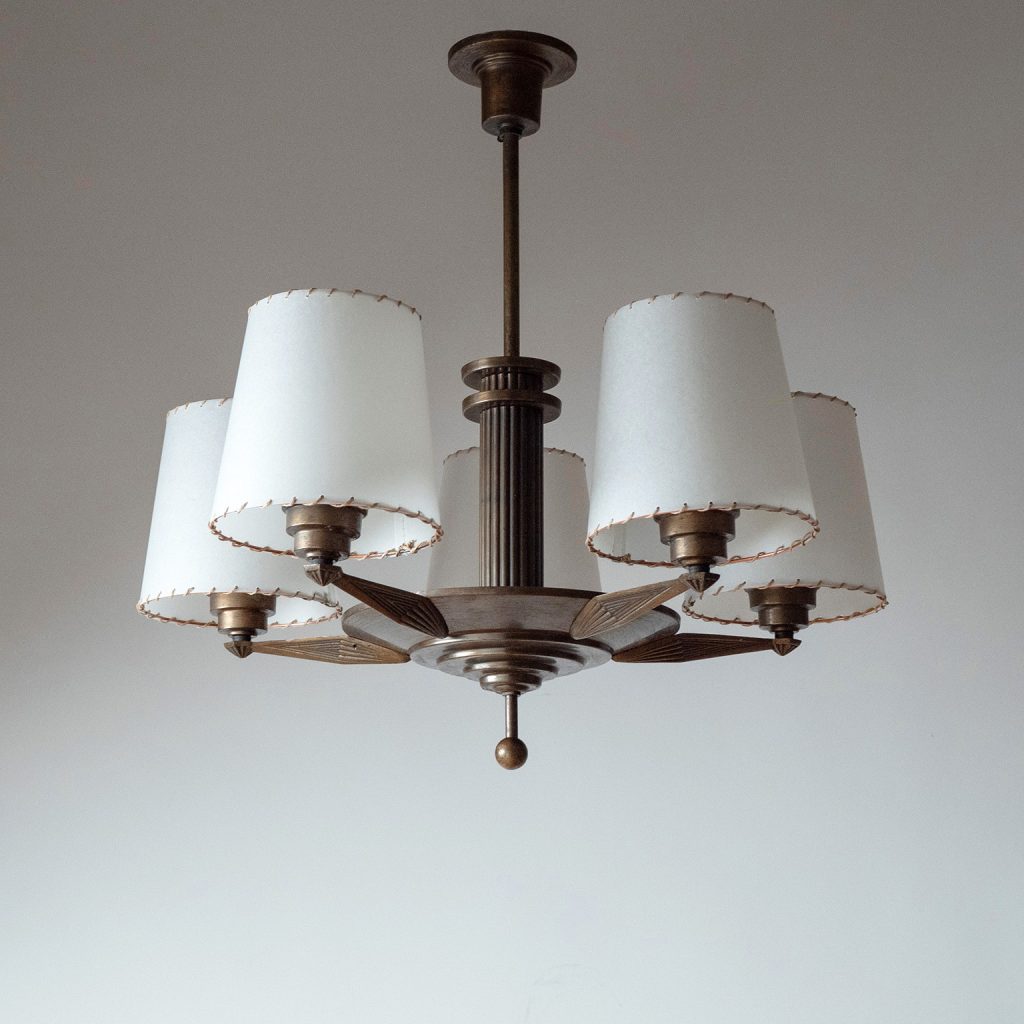 Patinated Brass Art Deco Chandelier, circa 1930