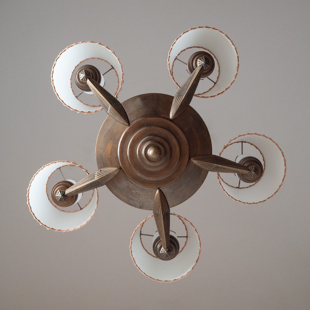 Patinated Brass Art Deco Chandelier, circa 1930
