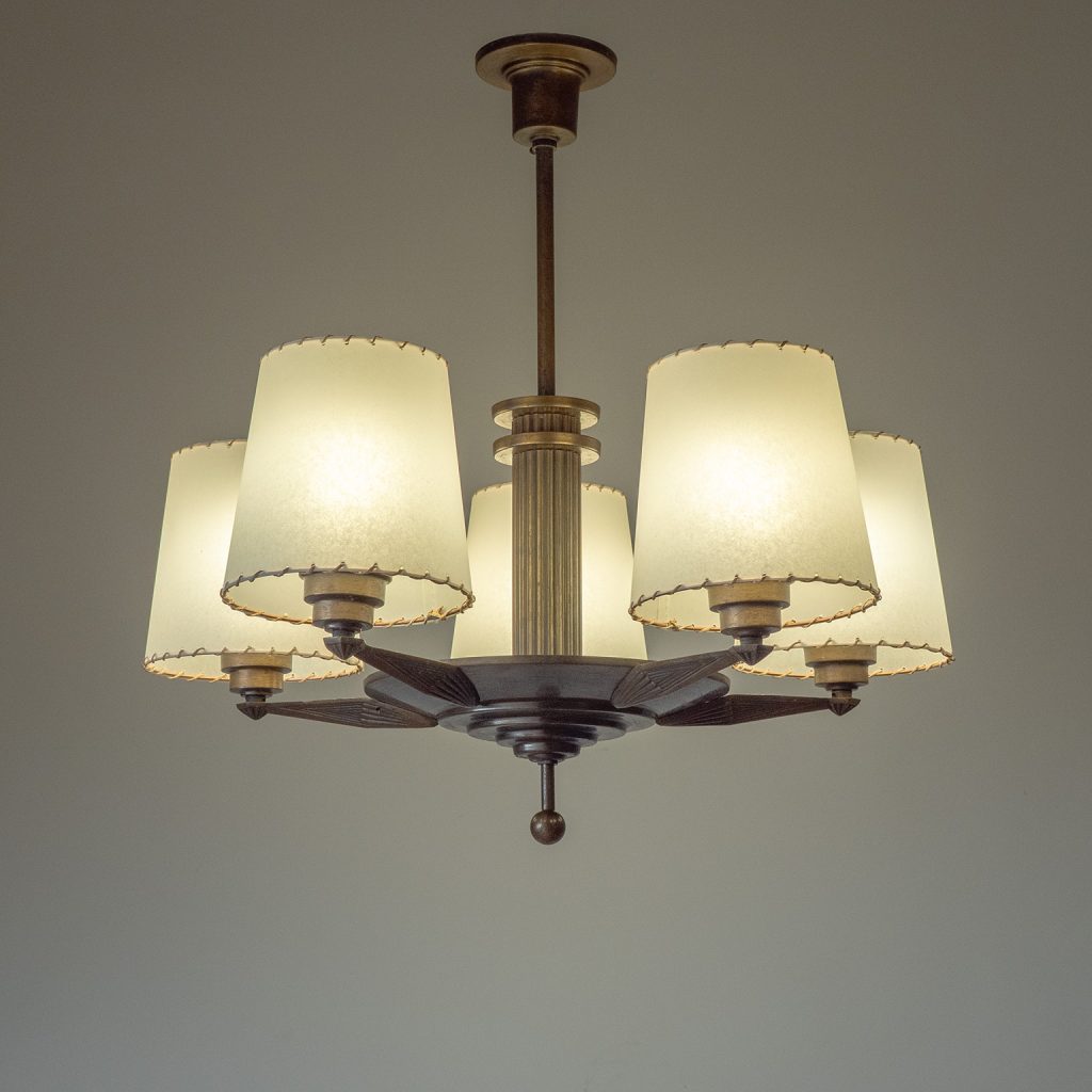 Patinated Brass Art Deco Chandelier, circa 1930