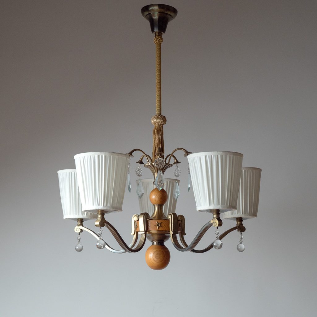 Swedish Art Deco Brass And Wood Chandelier, 1930s