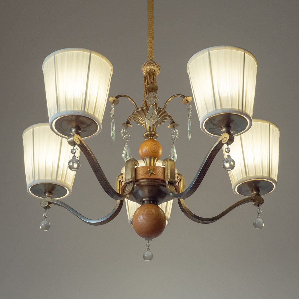 Swedish Art Deco Brass And Wood Chandelier, 1930s