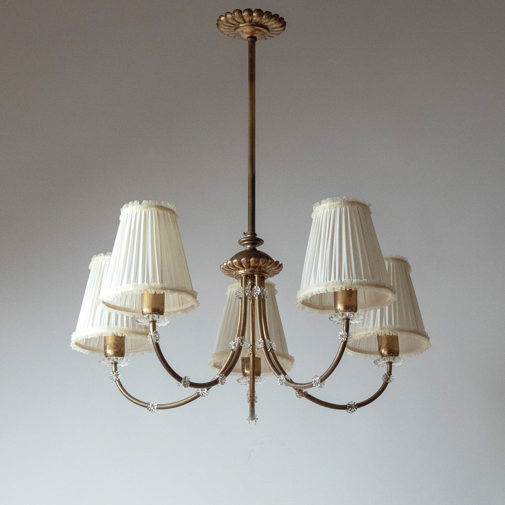 Austrian Custom Hammered Brass And Glass Chandelier, 1940s