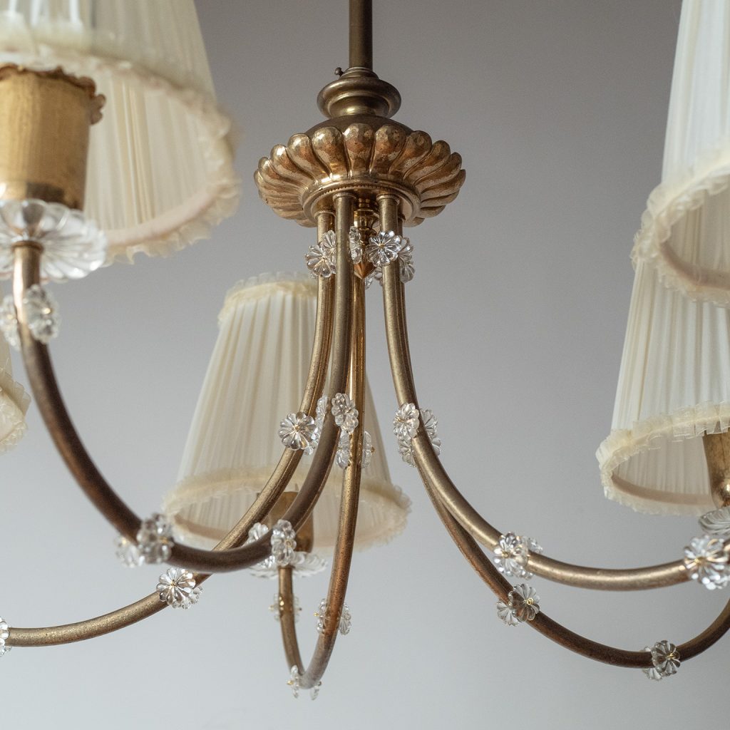 Austrian Custom Hammered Brass And Glass Chandelier, 1940s