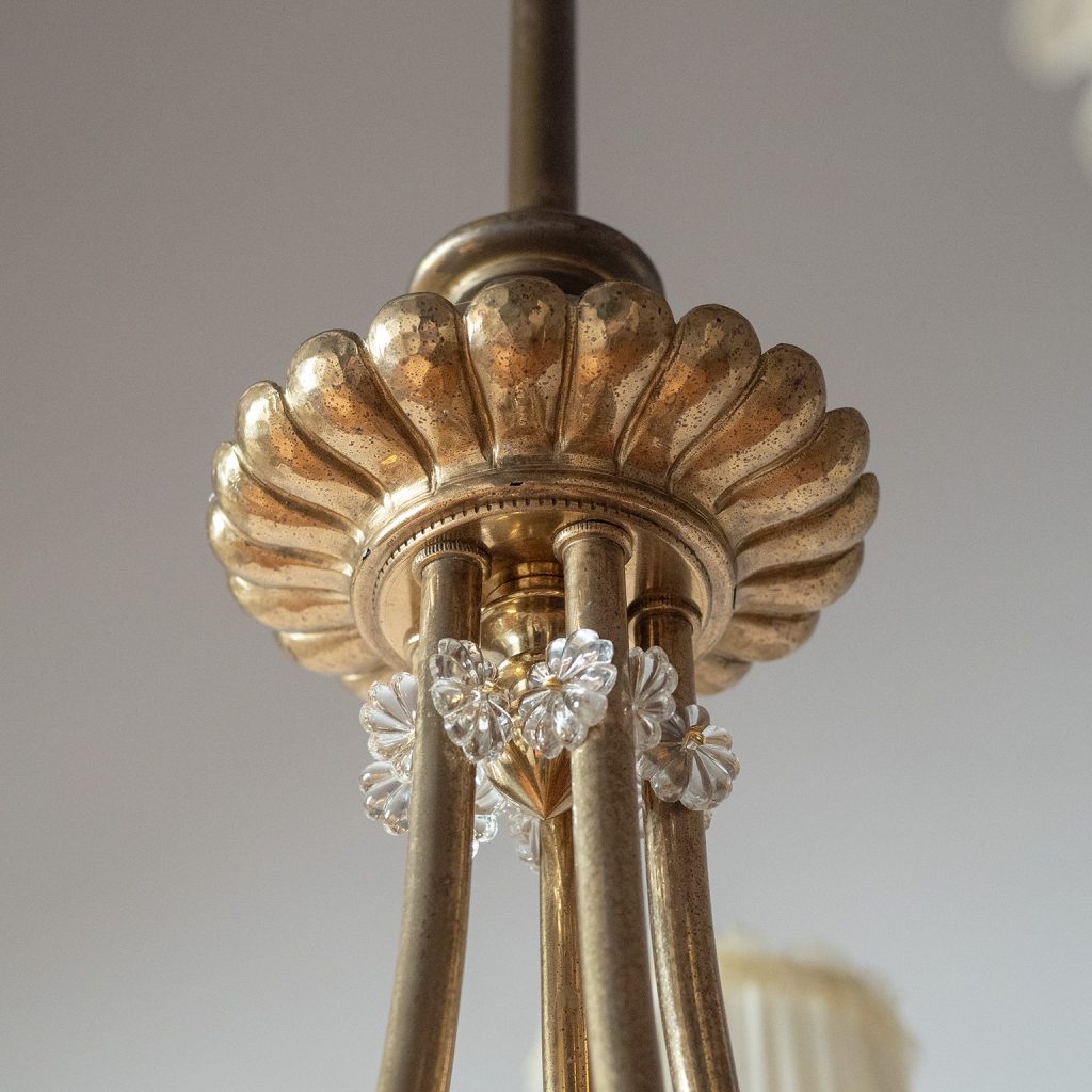 Austrian Custom Hammered Brass And Glass Chandelier, 1940s
