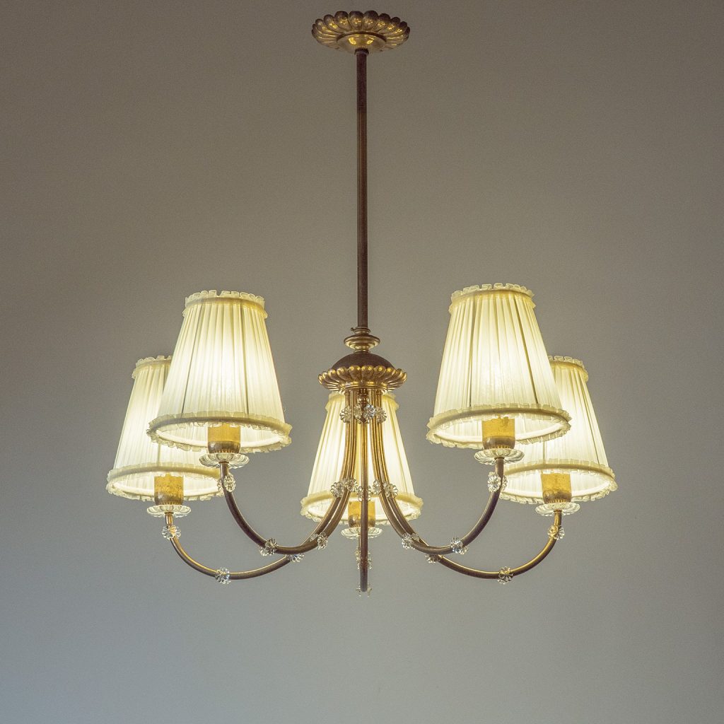 Austrian Custom Hammered Brass And Glass Chandelier, 1940s