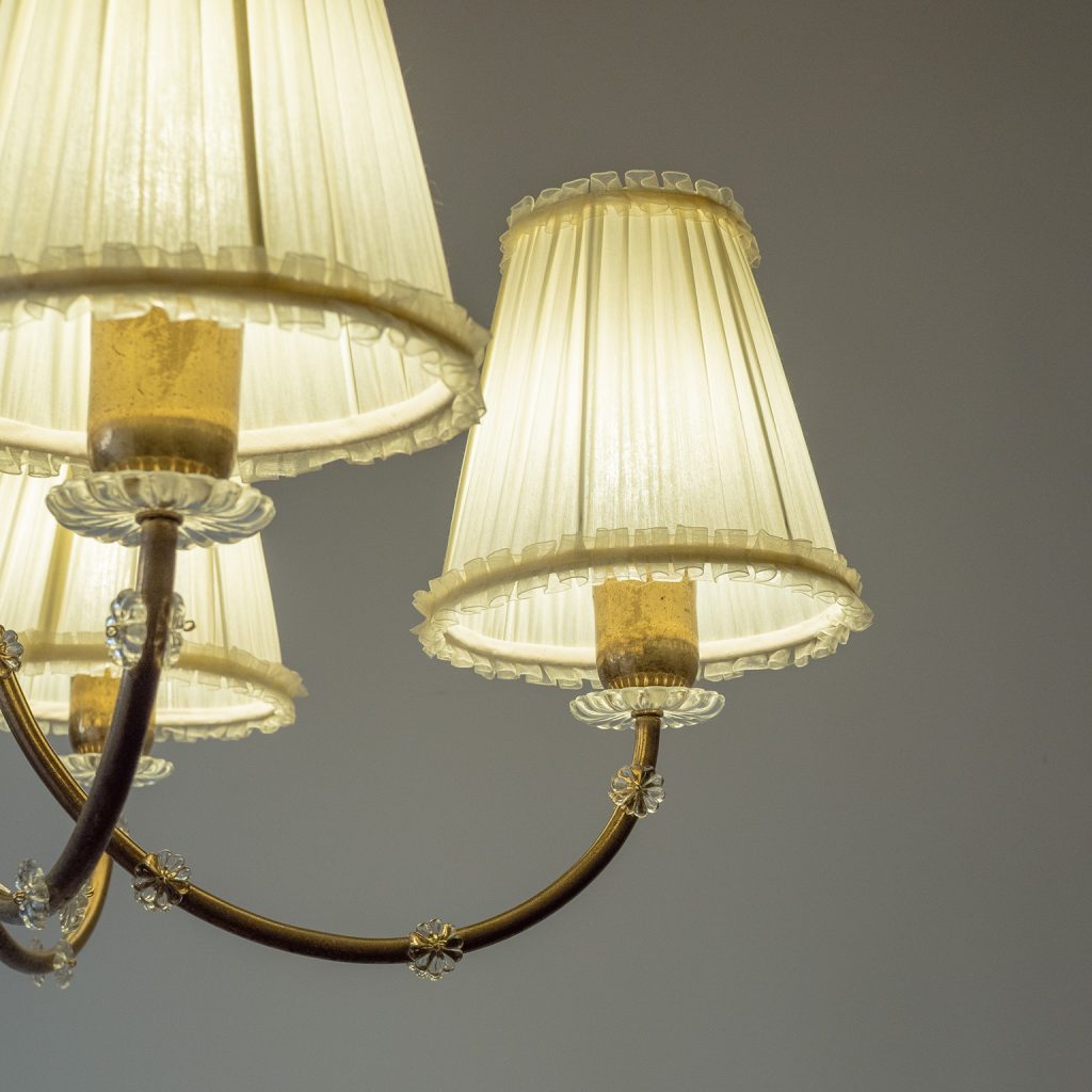 Austrian Custom Hammered Brass And Glass Chandelier, 1940s