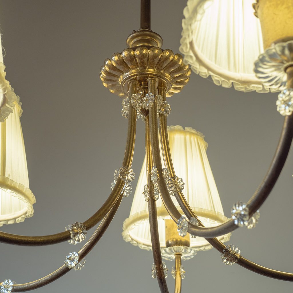 Austrian Custom Hammered Brass And Glass Chandelier, 1940s